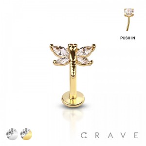 CZ PRONG DRAGONFLY THREADLESS (PUSH IN) 316L SURGICAL STEEL LABRET/MONROE WITH PRONG SET